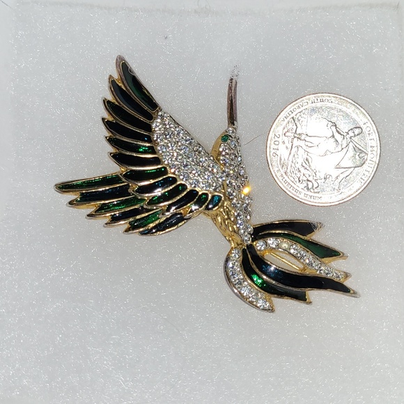 Vintage Brooch Hummingbird Fashion Jewelry Green Enamel with Gold & Rhinestones - Picture 4 of 8